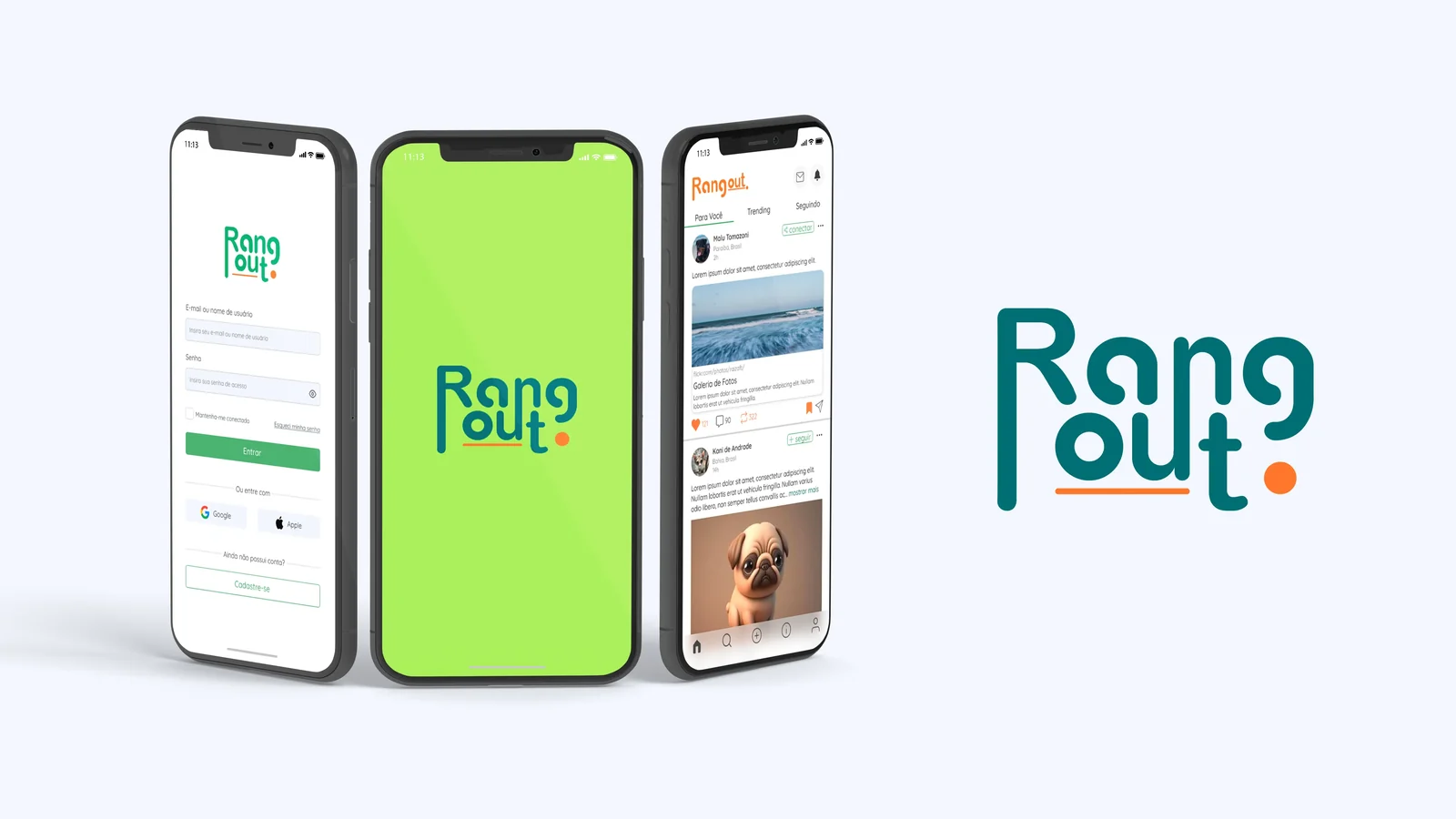 Três celulares com as telas de login, abertura e feed do Rangout, ao lado do logotipo