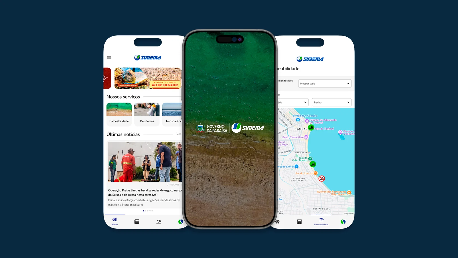 Três celulares com o app Sudema+: início, tela de abertura e mapa de balneabilidade, sobre fundo azul-escuro