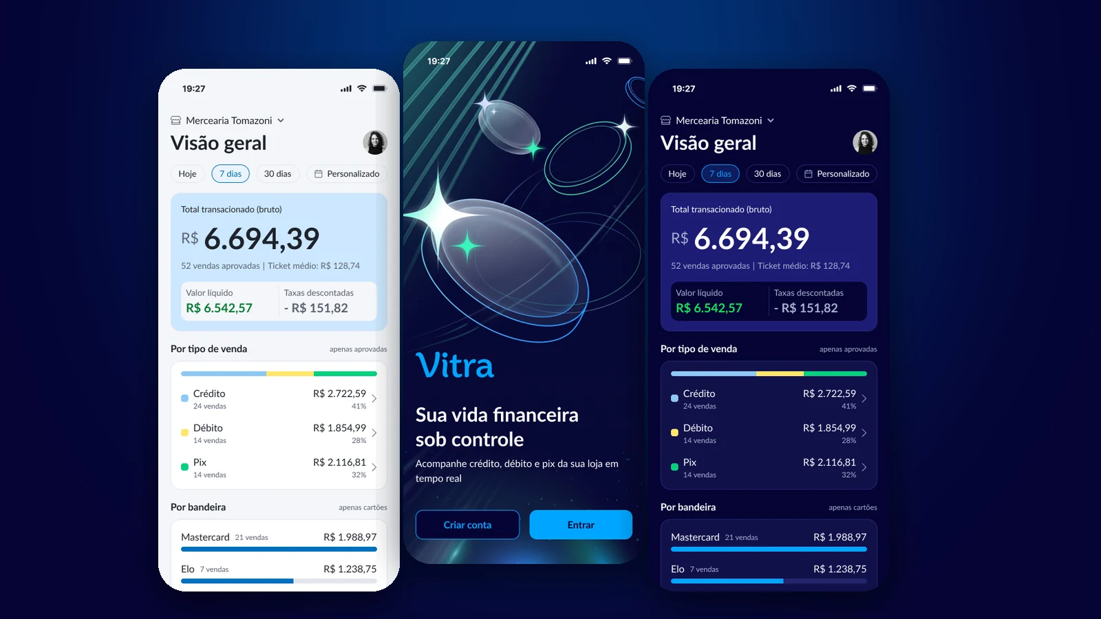 Três telas do app Vitra: visão geral no tema claro, tela de abertura e visão geral no tema escuro