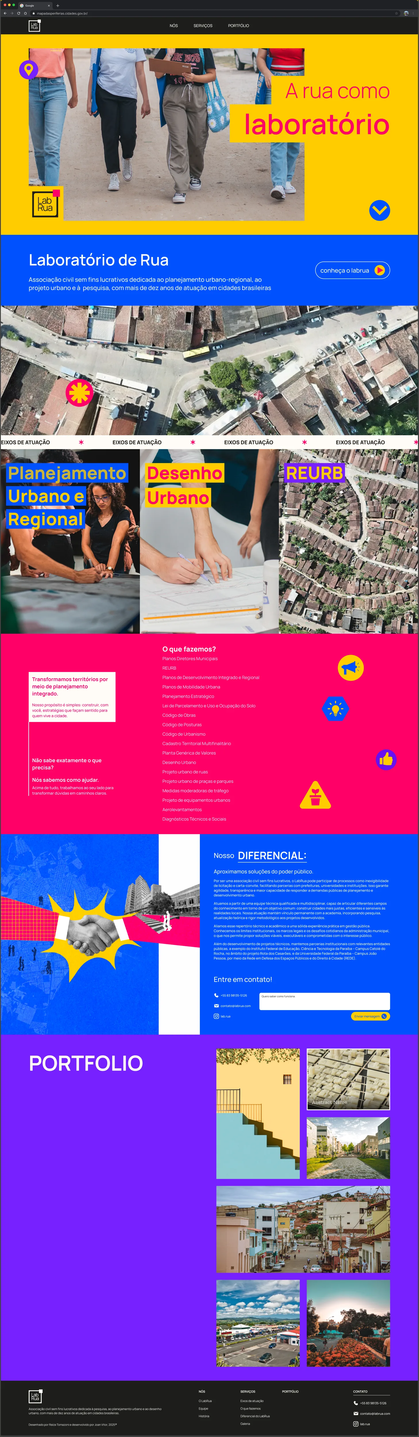Página inicial completa do site do LabRua: abertura amarela, apresentação do laboratório, eixos de atuação, portfólio, diferenciais e contato