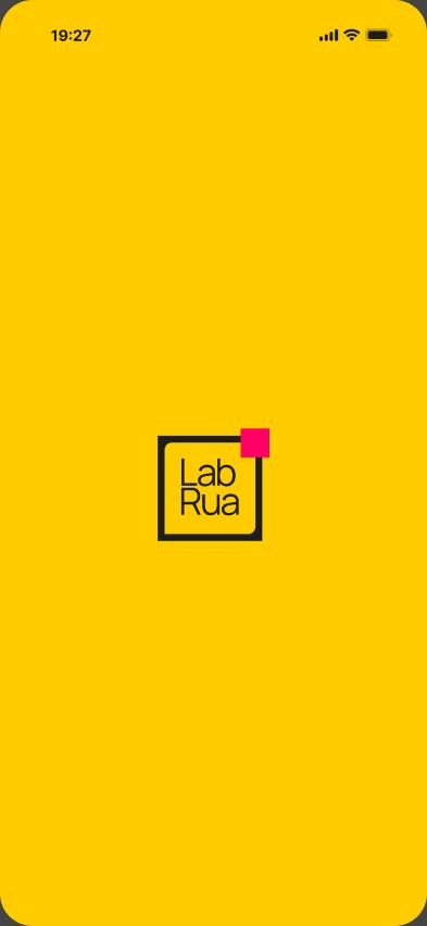 Tela de abertura amarela com o logotipo do LabRua