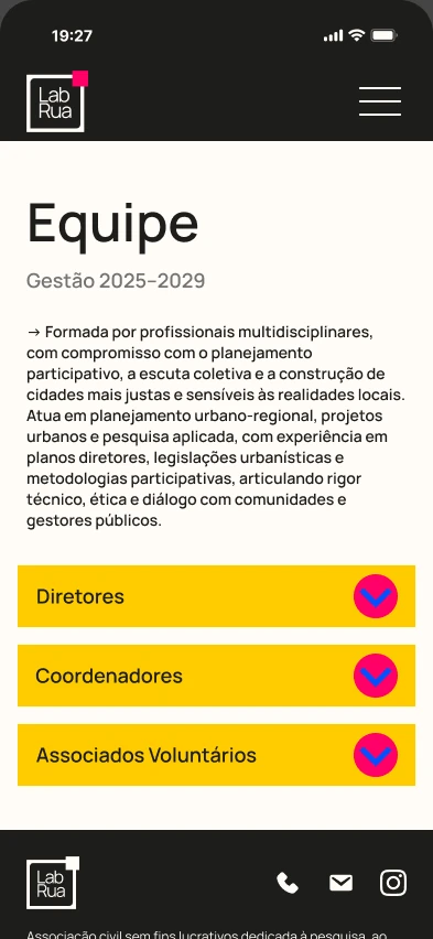 Página Equipe com diretores, coordenadores e associados voluntários