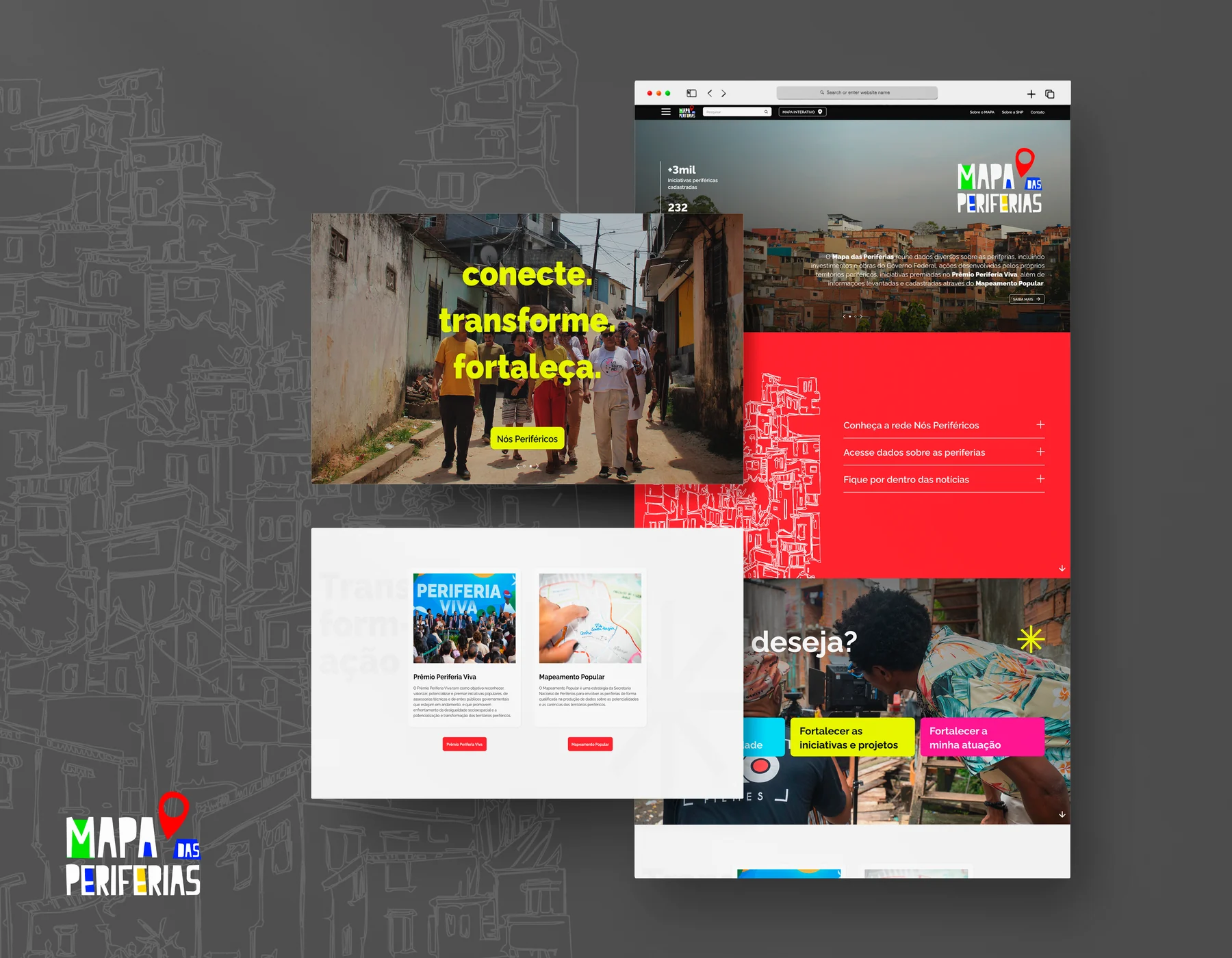 Composição com telas do Mapa das Periferias: banner Conecte, transforme, fortaleça, cards do Prêmio Periferia Viva e do Mapeamento Popular e a homepage em navegador