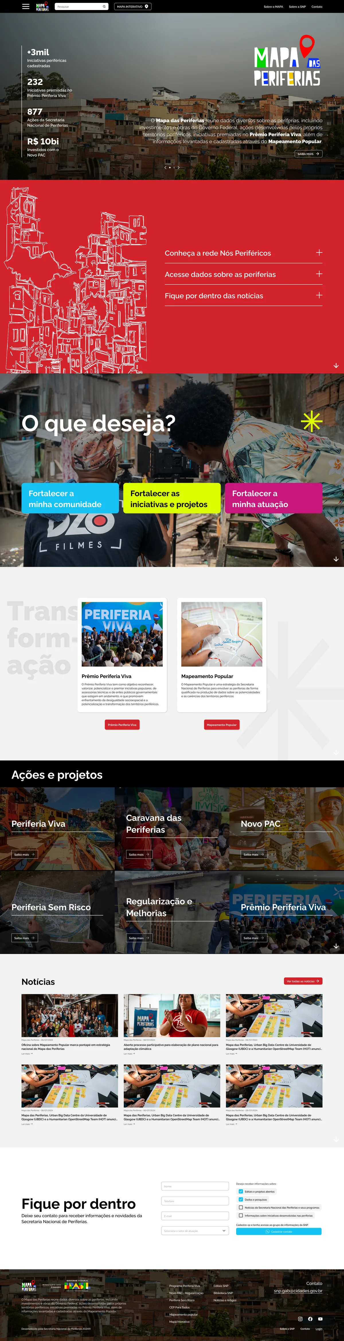 Homepage completa do Mapa das Periferias: números do portal, acesso rápido, O que deseja?, Transformação, Ações e projetos, Notícias e Fique por dentro