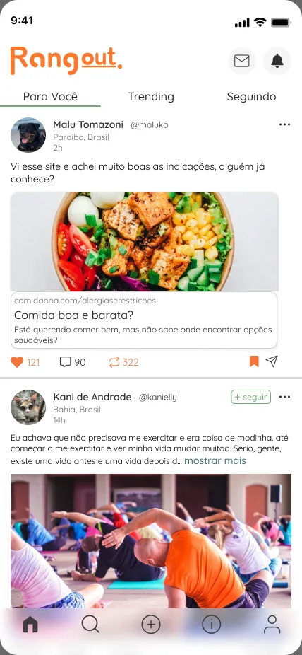 Feed com abas Para você, Trending e Seguindo