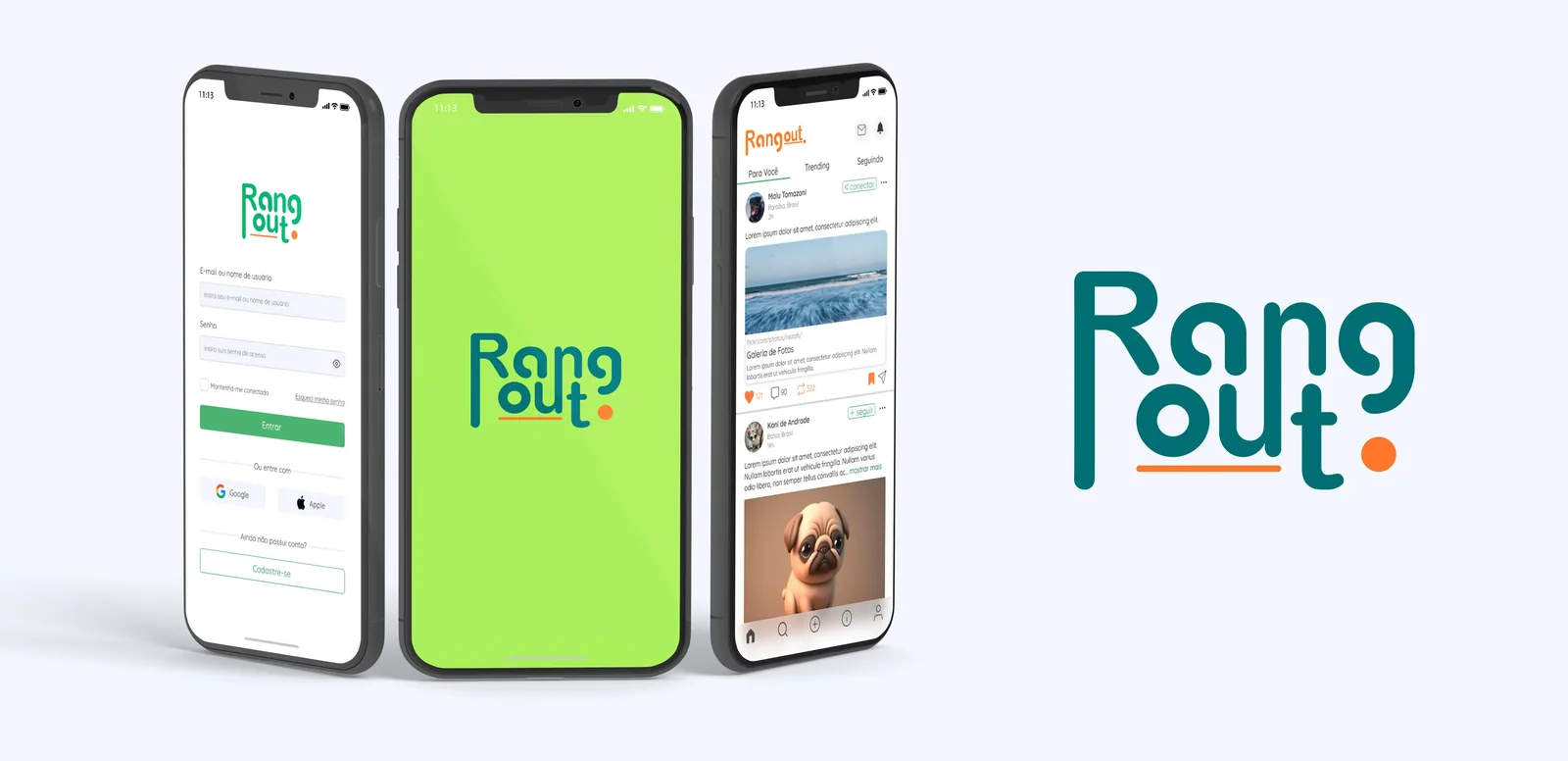 Três celulares com as telas de login, abertura e feed do Rangout, ao lado do logotipo