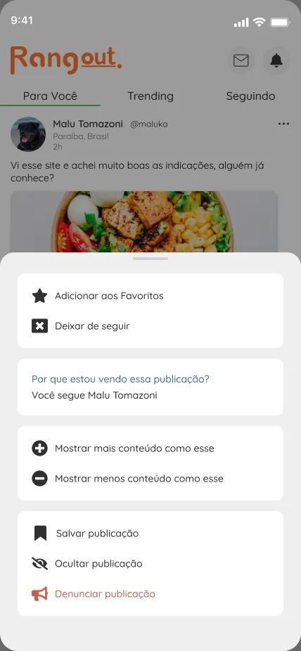 Menu de opções da publicação, com controle do que aparece no feed