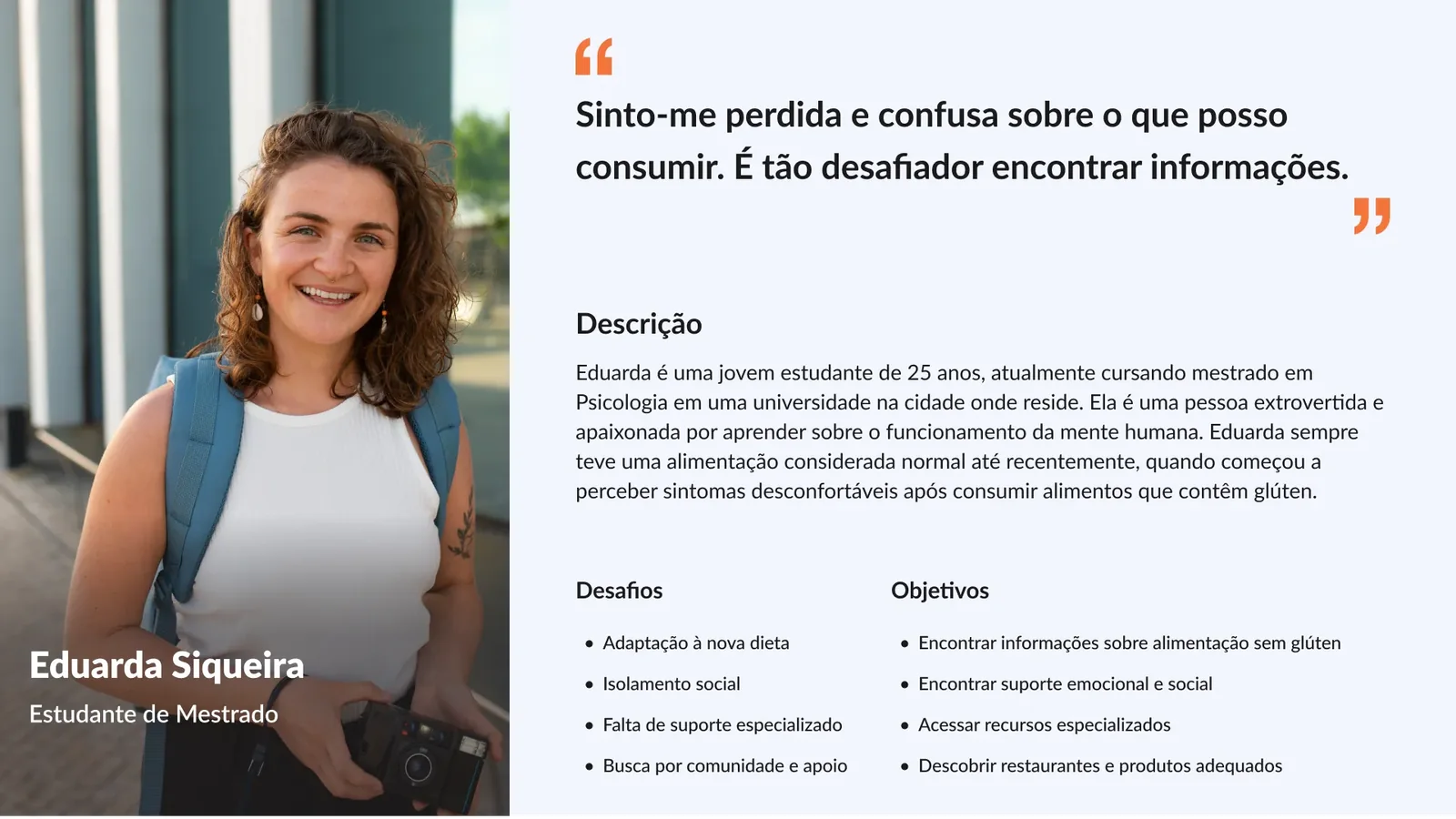 Persona Eduarda Siqueira, estudante de mestrado, com descrição, desafios e objetivos