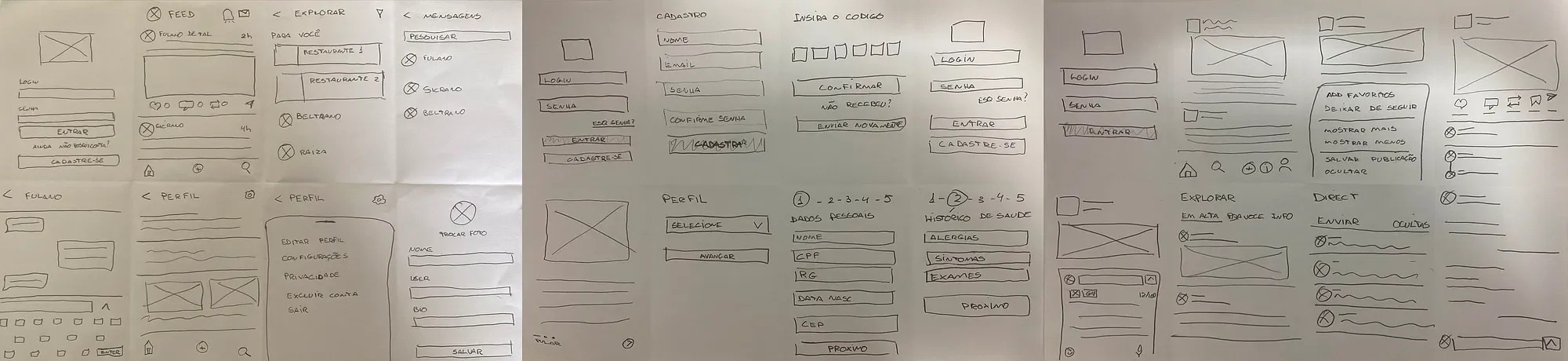 Folhas com rabiscoframes de login, feed, explorar, mensagens, cadastro, perfil e histórico de saúde