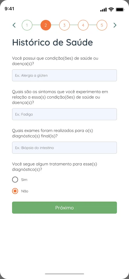 Cadastro em etapas: histórico de saúde