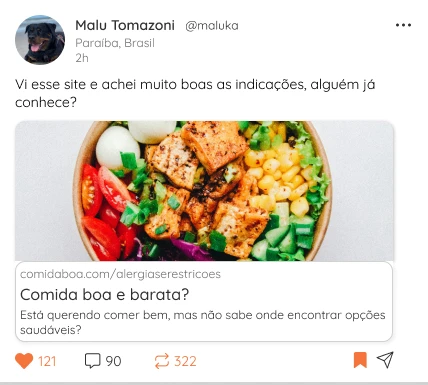 Componente de publicação com autor, texto, prévia de link e ações de curtir, comentar, compartilhar e salvar