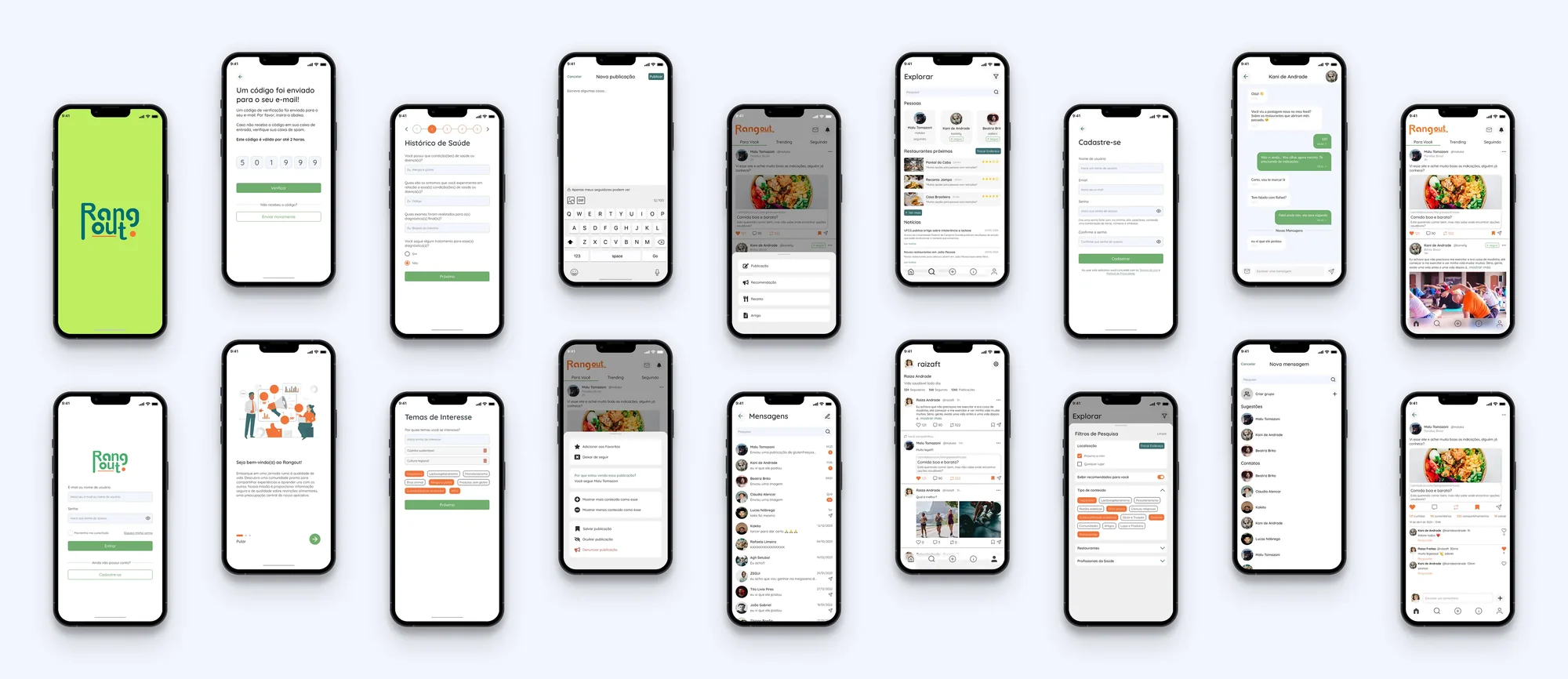 Dezoito telas do protótipo de alta fidelidade do Rangout, do login ao feed, explorar, perfil e mensagens