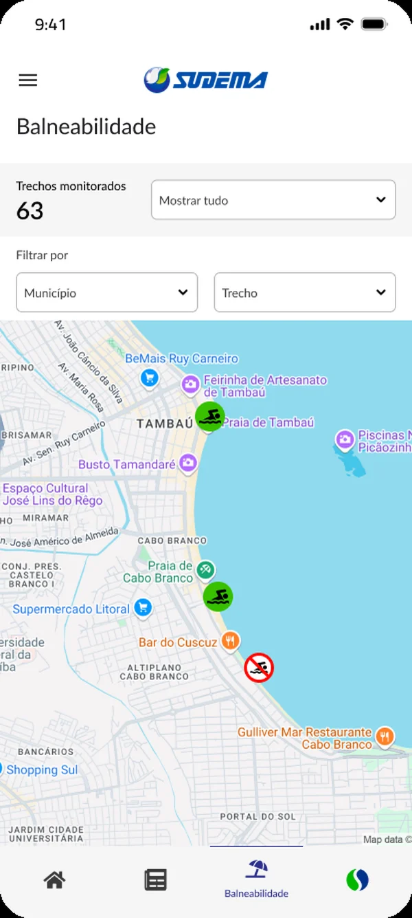 Mapa de balneabilidade com trechos monitorados e filtros por município e trecho