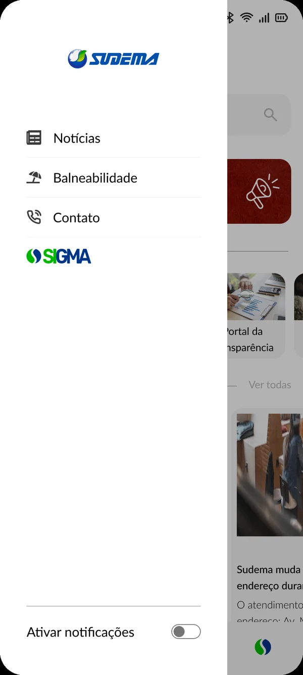 Menu lateral com notícias, balneabilidade, contato, SIGMA e opção de ativar notificações