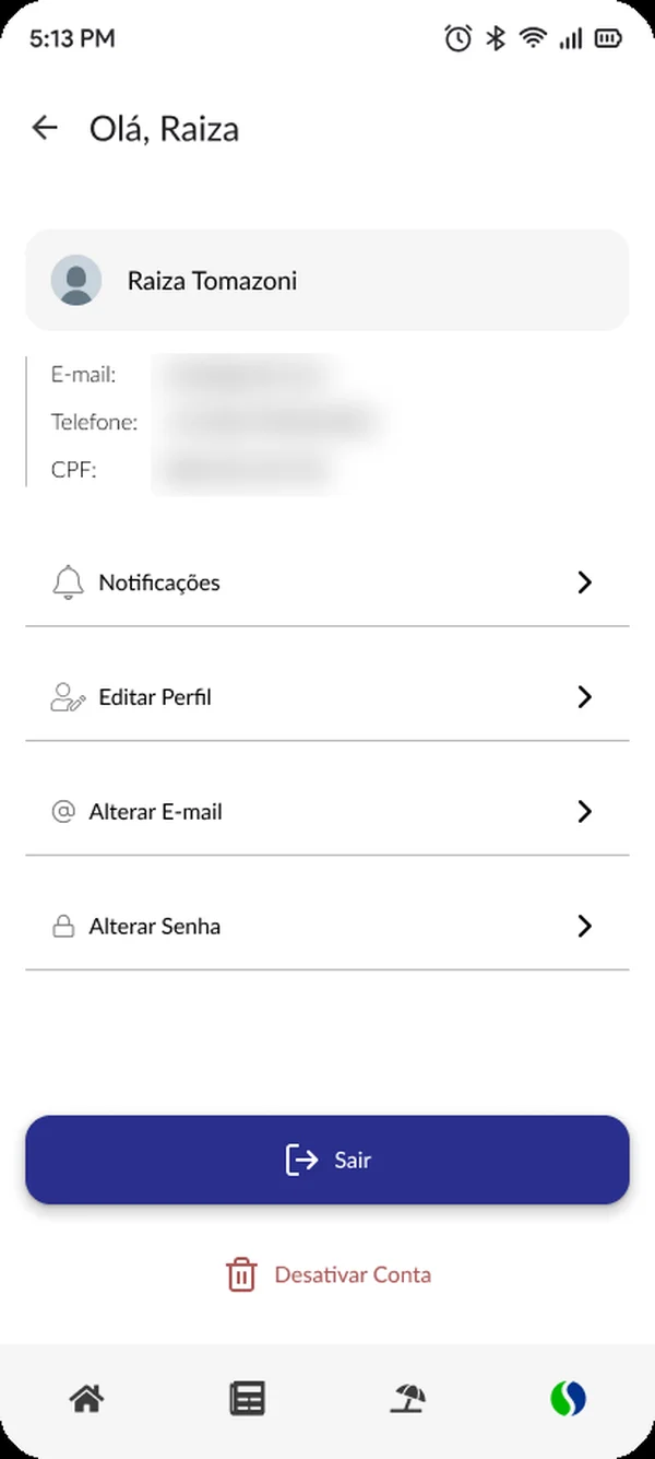 Perfil da pessoa usuária com notificações, edição de perfil, e-mail, senha, sair e desativar conta