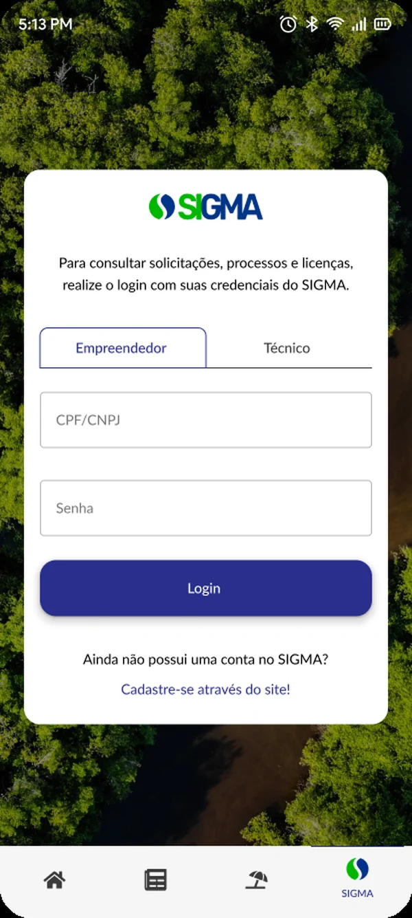Login do SIGMA com abas para empreendedor e técnico