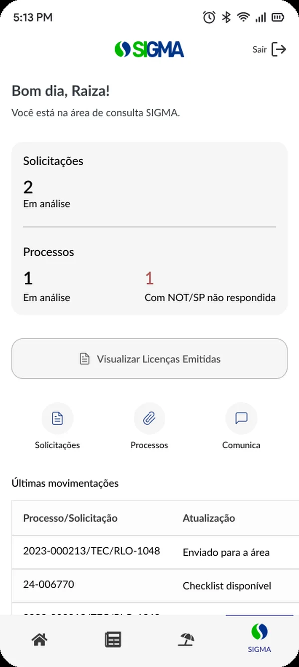 Lista de solicitações com selos de status
