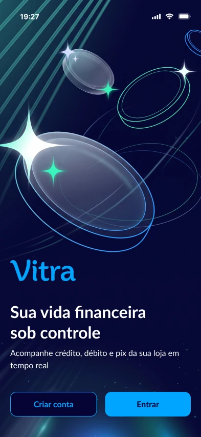Tela de abertura do Vitra com fundo azul escuro e botões Criar conta e Entrar