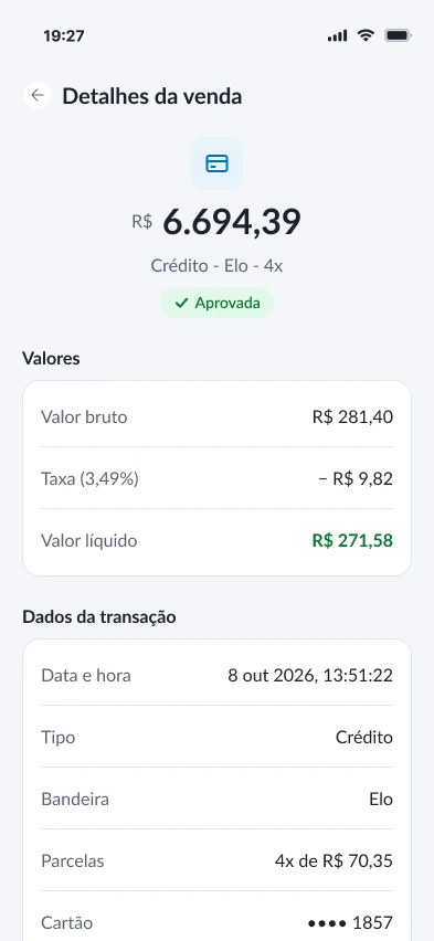 Detalhes da venda com valores, dados da transação e botões de copiar