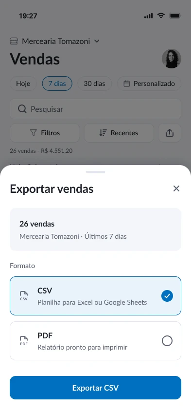 Painel de exportação com escolha entre CSV e PDF