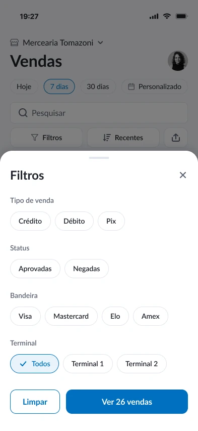 Painel de filtros por tipo, status, bandeira e terminal