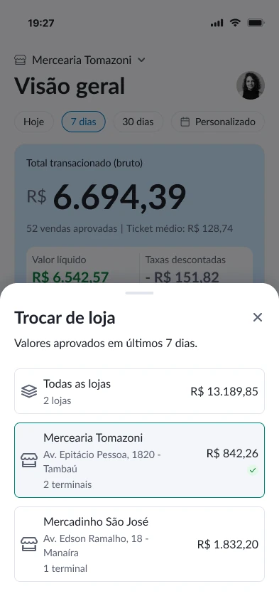 Painel de troca de loja com o total de cada uma