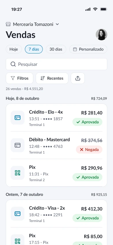 Lista de vendas agrupada por dia, com status aprovada ou negada
